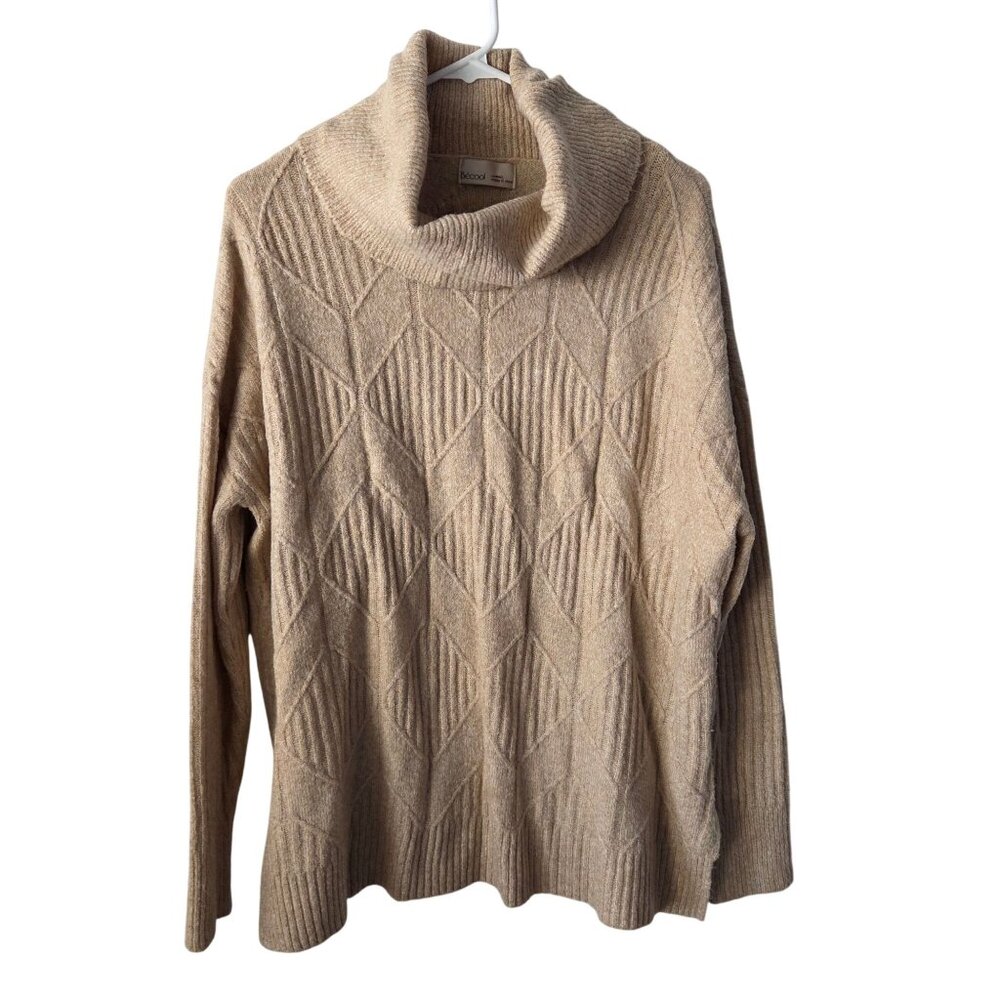 Becool US Womens Beige Diamond Knit Turtleneck Sweater Boutique Cozy Winter Fall